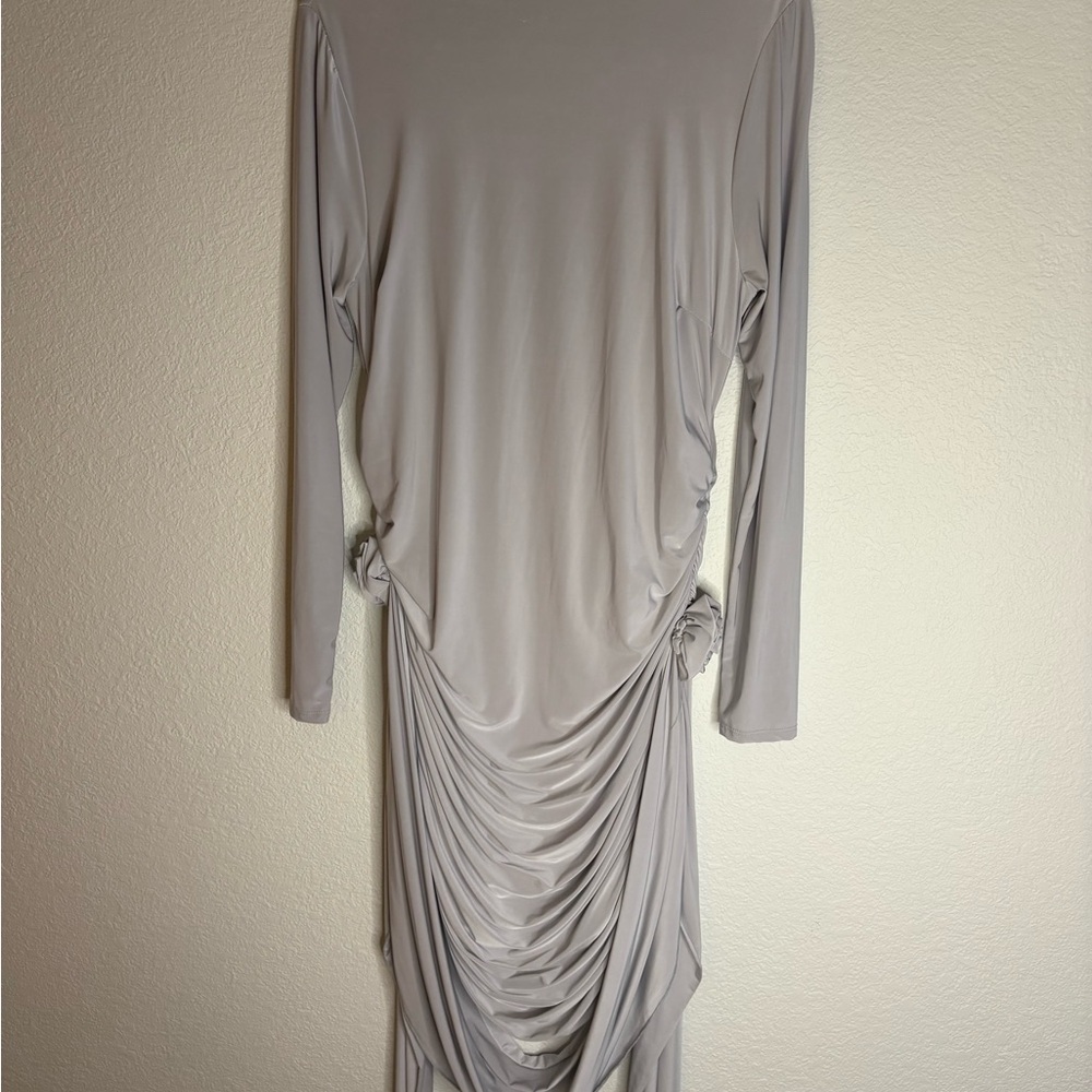 Elegant Paris Escape Silver Draped Long Sleeve Mini Dress